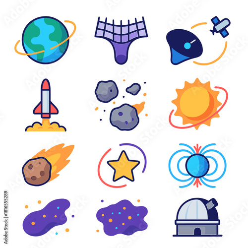 Vibrant Space Dynamics. Space Dynamics flat icons set. rotating planet, curved spacetime grid, orbiting satellite, gravity well, rocket launch, space debris, solar flare, magnetic