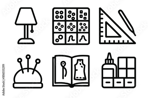 Craft Workshop Icons. Creative Workshop linear icon set. table lamp, box of beads, ruler, needle threader, cushion, pattern book, glue bottle, organizer