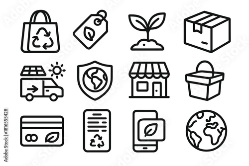 Eco-Friendly Shopping Icons. Sustainable Online Shopping linear icon set: eco bag, recycle icon, green tag, plant sprout, paper box, solar delivery, ethical badge, local store icon