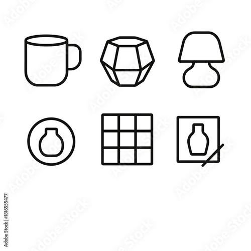 Minimalist Ceramic Designs. Modern Ceramics linear icon set: minimalist mug, geometric planter, ceramic lamp, tiled surface, studio logo, design sketch