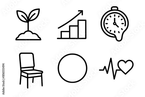 Patience Icons Set. Patience Concepts Set linear icon set: growing plant, gradual steps, soft clock, waiting chair, peaceful circle, steady heartbeat