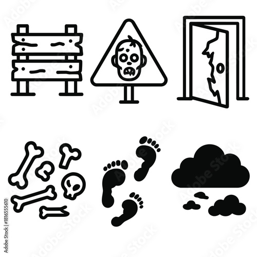 Zombie Apocalypse Symbols. Zombie Apocalypse Set linear icon set: barricade, warning sign, broken door, scattered bones, footsteps trail, dark cloud