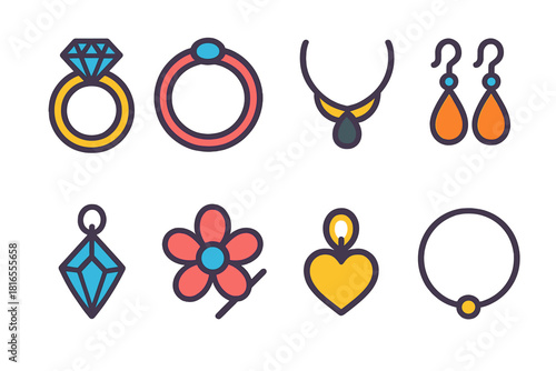 Minimal Jewelry Icons. Jewelry Basics flat icon set: ring, bracelet, necklace, earrings, pendant, brooch, charm, anklet
