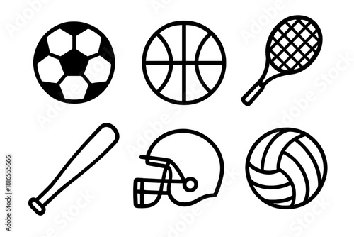 Sports Equipment Icons. Sports Set linear icon set: soccer ball, basketball, tennis racket, baseball bat, football helmet, volleyball