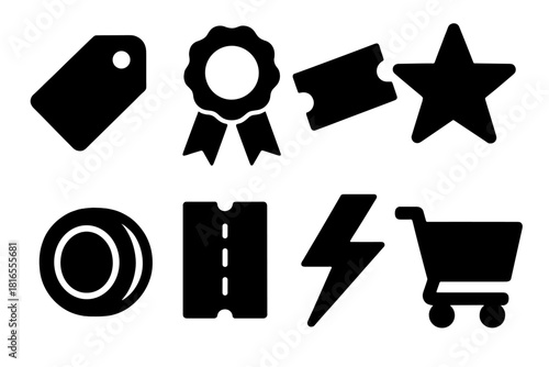 Bold Sale Icons. Sale Promotion Set silhouette icon set. price tag, ribbon, ticket, star, coin, coupon, lightning bolt, cart.