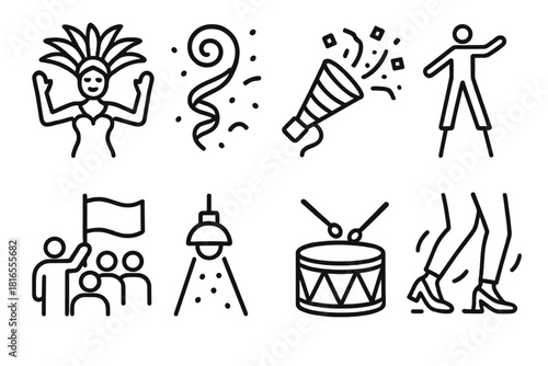 Festival Parade Icons. Festival Parade linear icon set. performer costume, streamer swirl, confetti cannon, stilt walker, crowd flag, spotlight beam, parade drum, dancing feet
