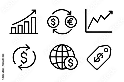 Economic Icons Set. Economic Money Set linear icon set: bar graph, exchange icon, market chart, currency arrows, global finance symbol, value tag