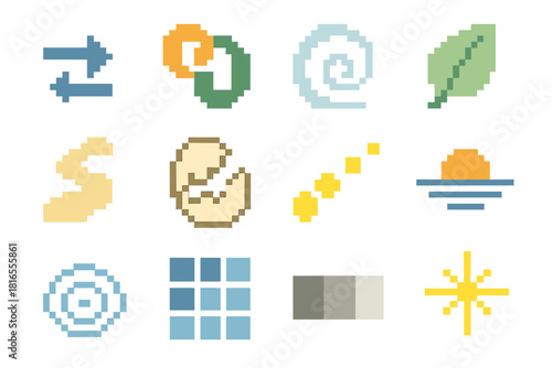 Transformation Icons Collection. Transformation Change pixel style icon set: shifting arrows, morphing shapes, rising spiral, unfolding leaf, pathway curve, breaking shell