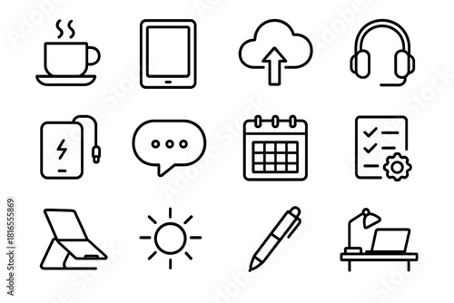 Work-From-Anywhere Essentials. Work-from-Anywhere linear icon set: coffee shop cup, tablet, cloud storage, headphones, portable charger, chat bubble, calendar icon, to-do list