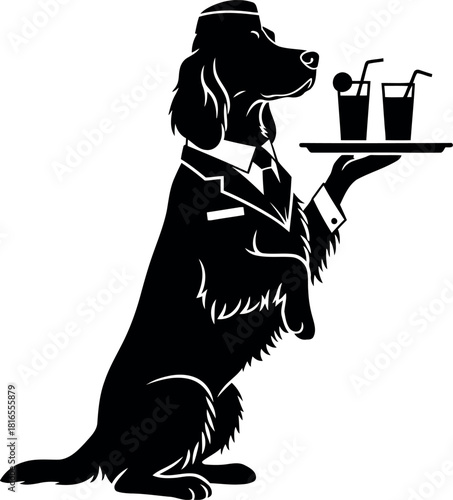 Dapper dog waiter serves cocktails