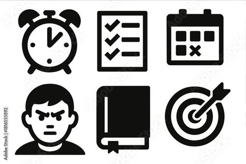 Brutalist Discipline Icons. Personal Discipline silhouette icon set. alarm clock, checklist, calendar plan, focused person, journal book, goal target.