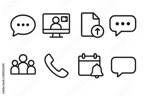 Office Communication Icons. Office Communication linear icon set. online chat, video conference, shared file, typing indicator, team icons, phone receiver, calendar alert, message
