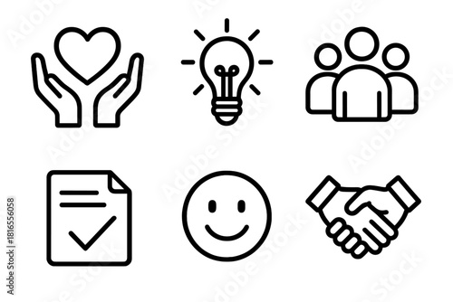 Servant Leadership Icons. Servant leadership style linear icon set. hands holding, heart, light bulb, group of people, document, smile icon.