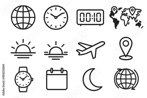 World Time Icons. World Time Zones linear icon set. globe, analog clock, digital clock, map with pins, sunrise icon, sunset icon, airplane, location pin, watch face, calendar page