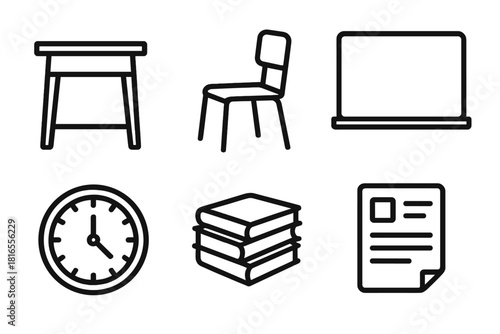 Stylized Classroom Icons. Classroom Set linear icon set: desk, chair, whiteboard, clock, stack of books, lesson sheet