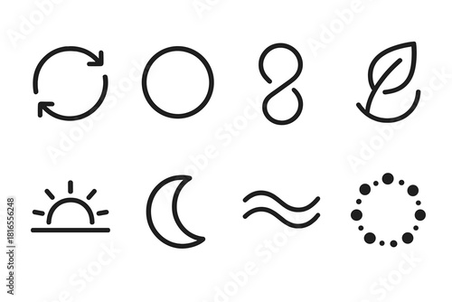 Cycle Icon Collection. Cycle Icons Set linear icon set: circular arrow, rotating ring, loop path, renewal leaf, sunrise arc, moon phase, flowing wave, repeating dots