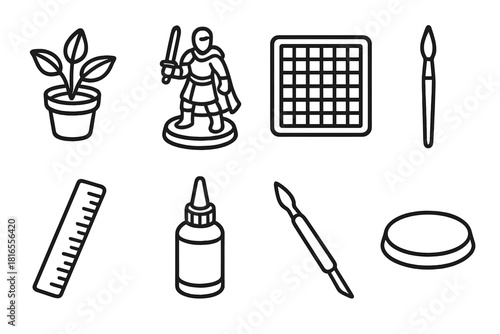 Miniature Crafting Tools. Detailed Miniatures linear icon set. small plant, figurine, cutting mat, brush, ruler, glue, sculpting tool, display base
