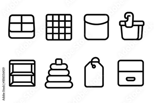 Organized Storage Icons. Organized Storage Elements linear icon set: compartment box, grid divider, storage pouch, clip-on bin, label tag, open shelf, stack ring, drawer tile