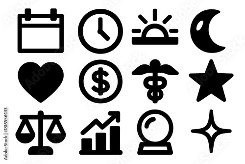 Horoscope Icon Set. Daily Horoscope silhouette icon set: calendar, clock, sunrise, moon phase, heart, coin, health symbol, star, scale, chart, crystal ball, spark