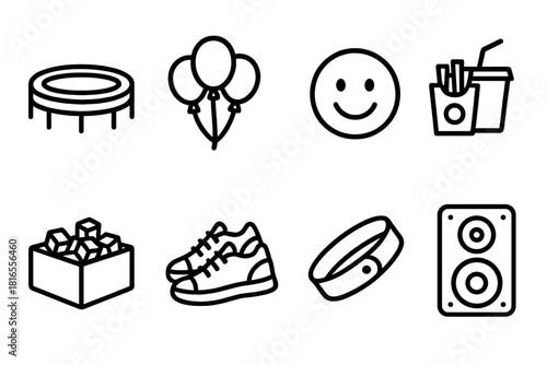 Family Fun Icons. Family Fun Park linear icon set. trampoline, balloons, happy face, snack, foam pit, shoes, wristband, speaker