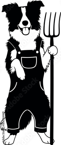 Farm dog in overalls with pitchfork cute cartoon
