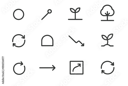 Life Cycle Symbols. Life Stages Elements linear icon set: origin point symbol, early development step, growth phase icon, maturity marker, reproduction cycle ring, aging arc