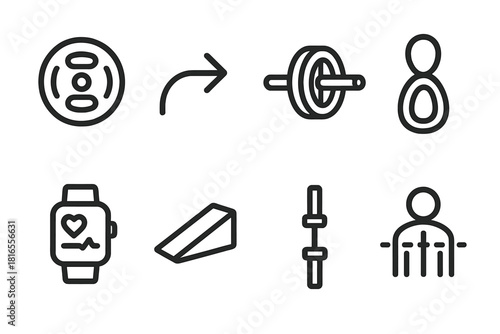Gym Equipment Icons. Flexible Training Set linear icon set: modular weight plate, movement arrow, core wheel, grip loop, pace tracker, incline tile, motion bar, posture marker