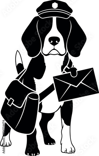 Beagle mail carrier dog with letter and satchel