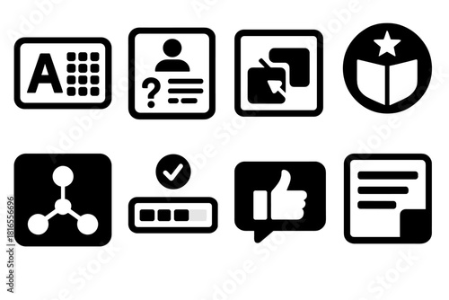 Brutalist Learning Icons. Educational Interactive Content silhouette icon set: digital flashcards, learning quiz icon, drag-and-drop activity, knowledge checkpoint badge