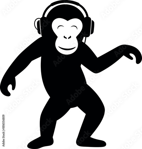 Dancing monkey dj with headphones silhouette