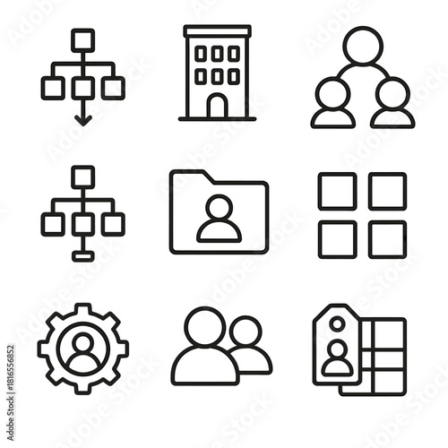Corporate Structure Icons. Organizational Hierarchy linear icon set: org chart tree, department building, team cluster, leadership badge, reporting arrow, role folder, division