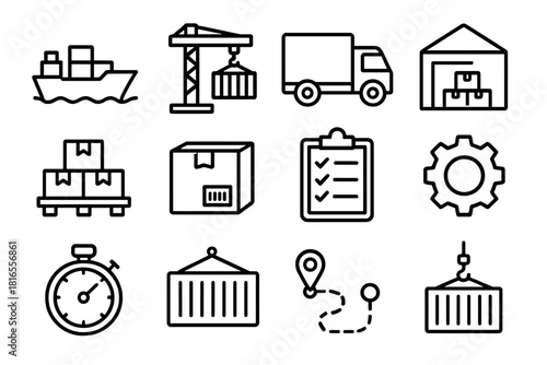 Freight Logistics Icons. Freight Loading linear icon set: cargo ship, crane, truck, warehouse, pallet, box, barcode, clipboard, gear, stopwatch, container, route line
