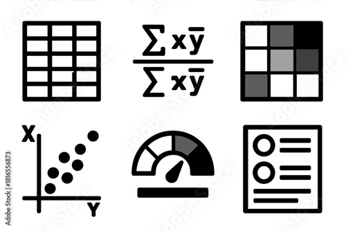 Bold Correlation Icons. Correlation Analysis silhouette icon set. dataset, calculation formula, correlation heatmap, data pairs, strength scale, result summary.