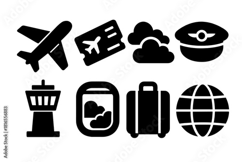 Aviation Icons Collection. Flight Concept silhouette icon set: airplane, boarding pass, clouds, pilot hat, control tower, window view, luggage, globe