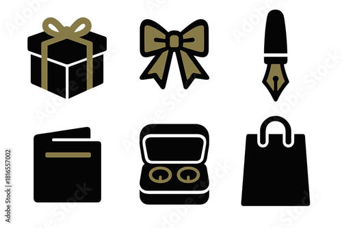 Bold Executive Gift Icons. Executive Gifting silhouette icon set. luxury box, gold ribbon, fountain pen, note card, cufflink case, paper bag