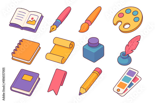 Vibrant Art Icon Set. Literary Art Design flat icon set: illustrated page, pen, brush, palette, sketchbook, scroll, ink bottle, feather pen, book cover, bookmark, art pencil, color