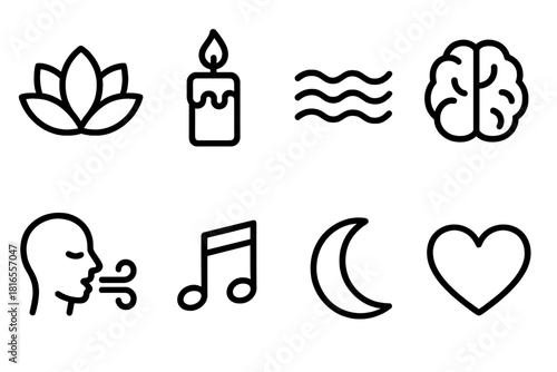 Mindful Relaxation Icons. Mind relaxation concept linear icon set: lotus flower, candle, wave line, brain, breathing icon, music note, moon, heart