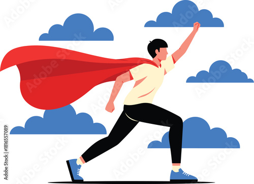 Motivated superhero character with red cape running through the clouds, symbolizing ambition, leadership, freedom, power, goal achievement, and success in business or life