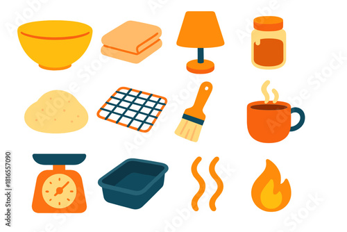 Cozy Baking Essentials. Cozy Baking Space flat icon set: countertop bowl, folded linen, cozy lamp, spice jar, dough mound, cooling rack, pastry brush, warm mug, kitchen scale