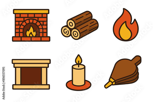 Modern Fireplace Icons. Classic Fireplace flat icons set. Brick Fireplace, Firewood, Flame, Mantel, Candle, Bellows.
