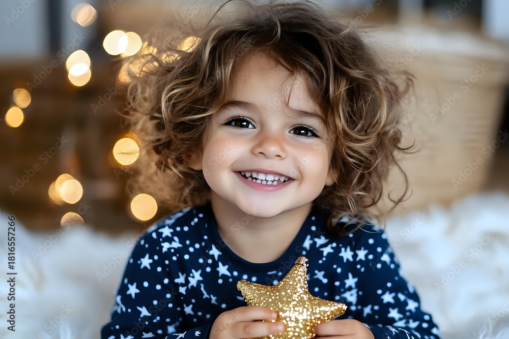 Naklejka premium Smiling child with curly hair holding golden star decoration against blurred holiday lights background, creating warm festive atmosphere.