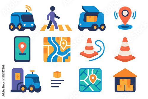 Robotic Delivery Icons. Urban Robotic Couriers flat icon set: self-driving pod, pedestrian crossing, package hatch, GPS tracker, smartphone app, city map, traffic cone, battery
