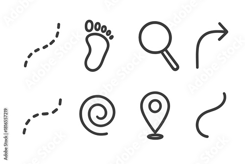 Iconic Traces Collection. Trace Icons Set linear icon set: dotted line, footprint, magnifying lens, path arrow, faint trail, subtle swirl, marker dot, flowing curve