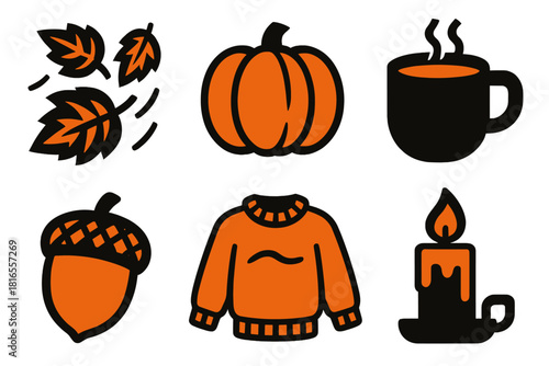 Autumn Icon Collection. Autumn Season silhouette icon set: falling leaves, pumpkin, warm drink, acorn, cozy sweater, candlelight