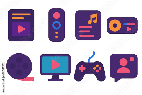 Vibrant Entertainment Icons. Streaming Platforms flat icons set. app interface, remote control, playlist icon, song track, video reel, entertainment hub, gamepad, social live chat
