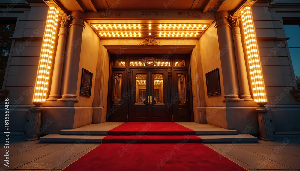 Obraz premium Historic theater entrance illuminates at night. Long red carpet extends towards grand ornate wooden doors, classic stone columns. Bright marquee lights adorn building facade. Prestigious cinema