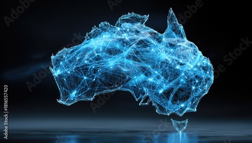 Glowing digital representation of Australian continent, network connections over dark background