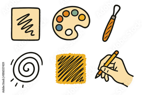 Dynamic Icon Sketches. Artistic Expression Set linear icon set: sketch line, color palette, sculpting tool, motion swirl, textured mark, creative hand