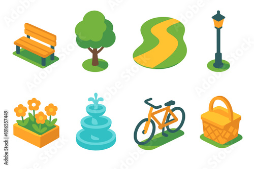 Urban Park Icons. Urban Green Spaces flat icon set: park bench, tree, walking path, lamppost, flower bed, fountain, bicycle, picnic basket