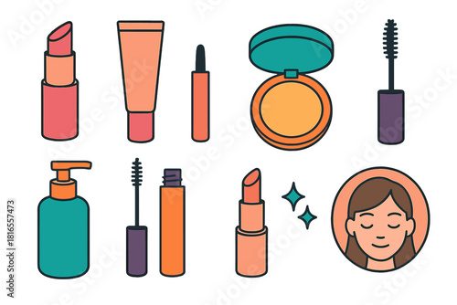Minimal Makeup Icons. Minimal Makeup Collection flat icon set: tinted balm, sheer foundation, natural glow compact, mascara wand, gentle cleanser, brow gel, nude lipstick, fresh